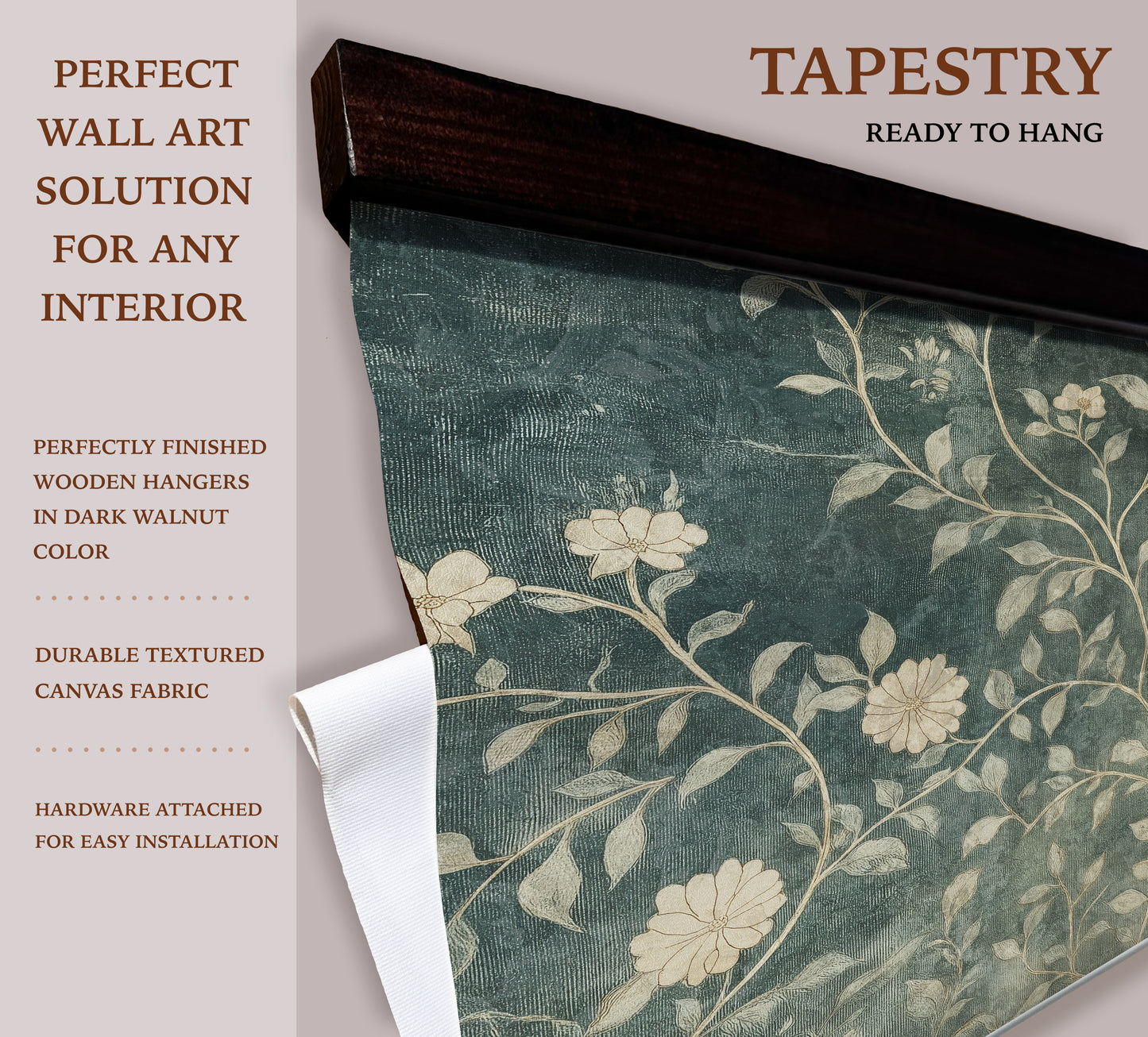 Vintage Teal Floral Wall Art – Botanical Tapestry with Cream Blooms | Art Muse