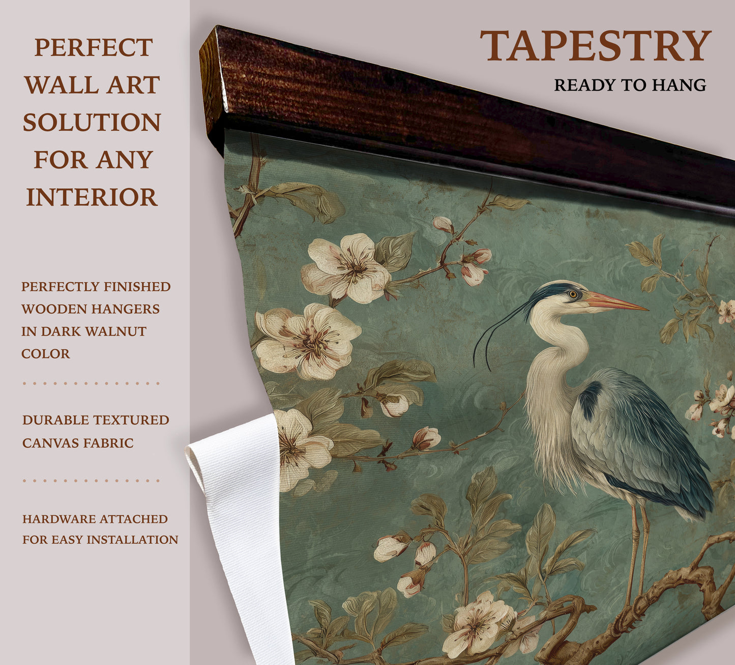 Blue Heron Wall Art – Chinoiserie Floral Tapestry | Art Muse