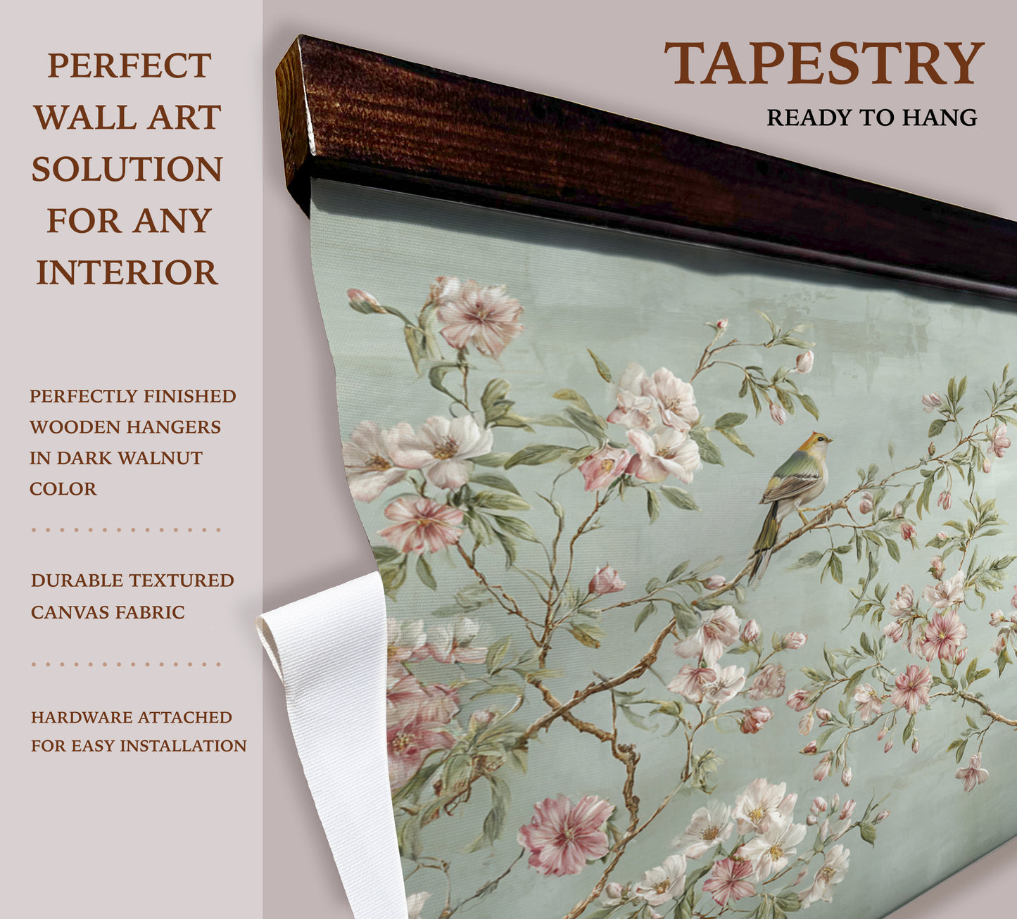 Chinoiserie Bird & Blossom Wall Art – Pastel Botanical Tapestry | Art Muse
