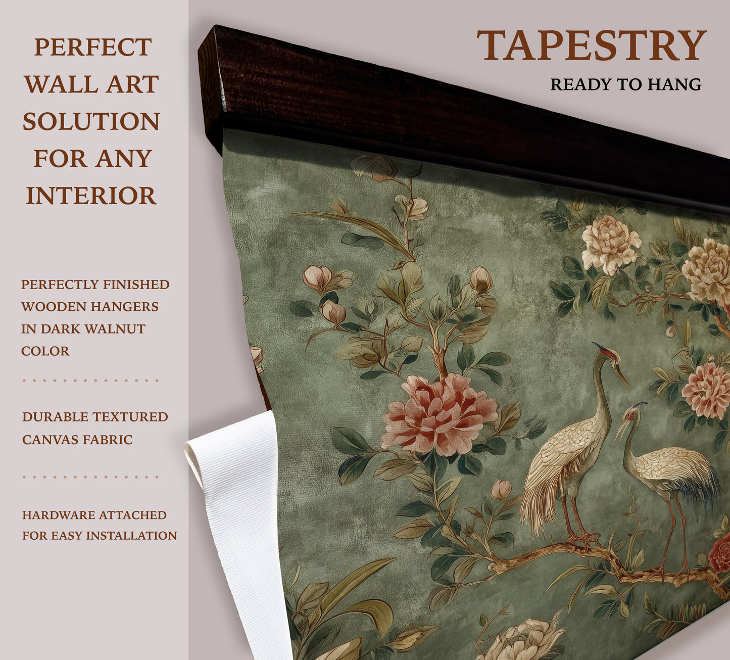 Vintage Crane & Peony Tapestry Wall Art – Sage Green Botanical Design with Wooden Hangers | Art Muse