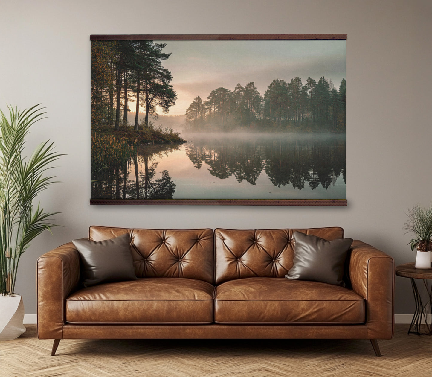 Misty Forest Lake Tapestry – Sunrise Landscape Wall Art, Moody Nature Reflection Hanging, Extra Large Décor