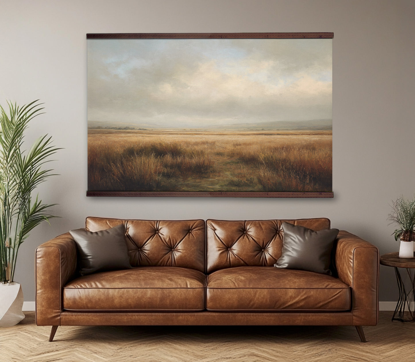 Golden Meadow Tapestry – Warm Landscape Wall Art, Rustic Field Wall Hanging, Neutral Nature Decor, Extra Large Art