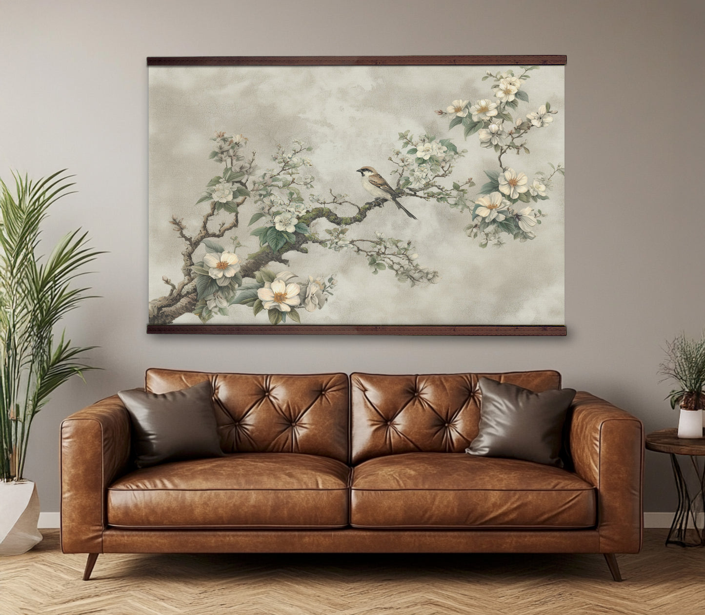 Vintage Floral Bird Wall Art – Elegant Botanical Chinoiserie Nature Painting with Wood Frame