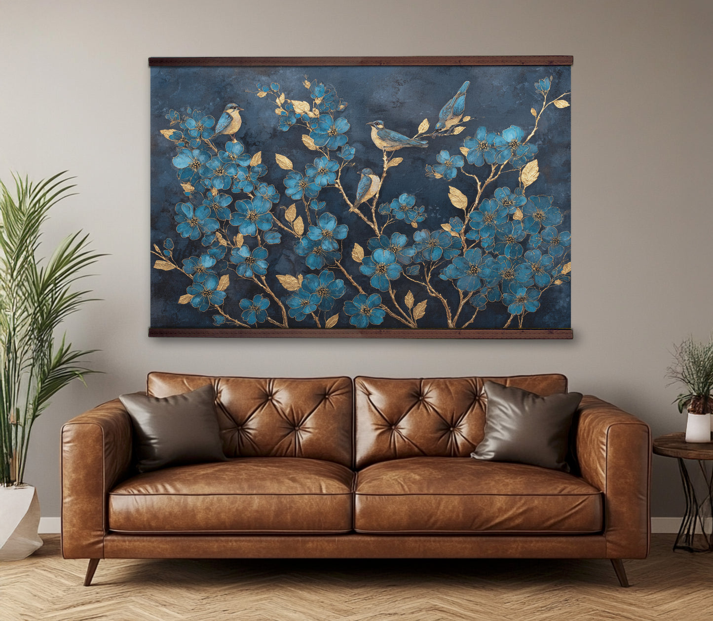 Blue Floral Bird Wall Hanging — Extra Large Tapestry Art | Ready to Hang