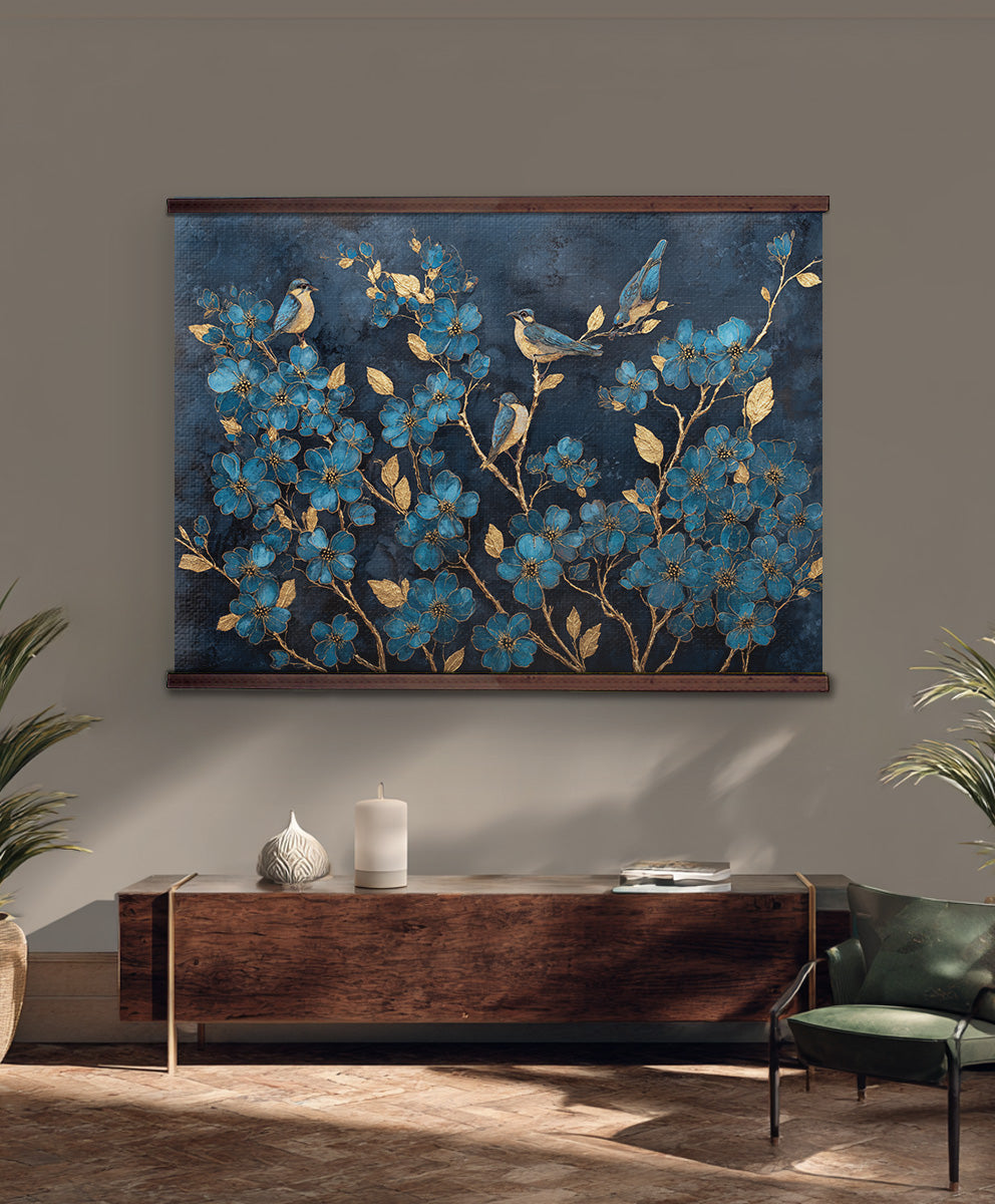 Blue Floral Bird Wall Hanging — Extra Large Tapestry Art | Ready to Hang