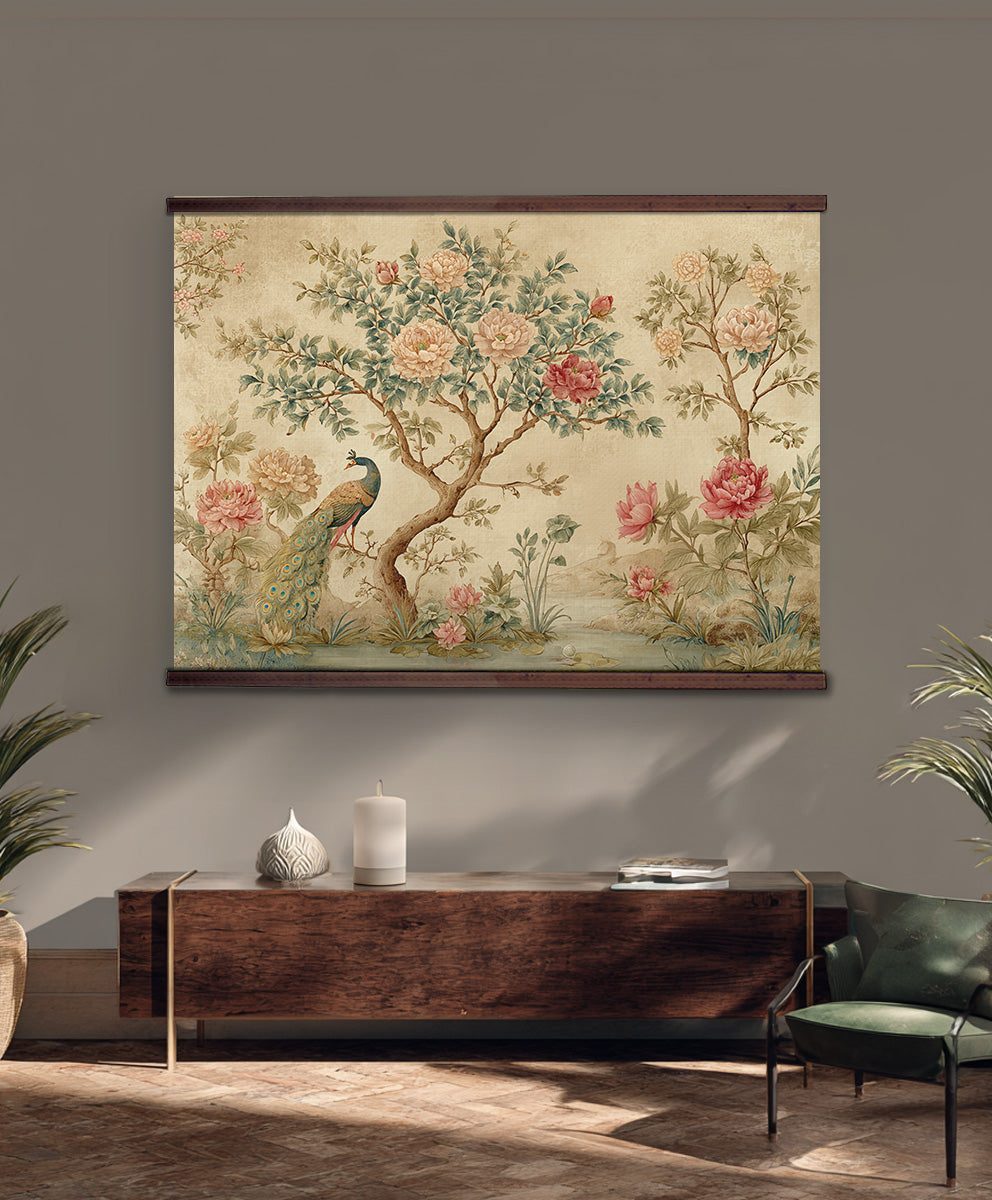 Chinoiserie Peacock Tapestry – Extra Large Vintage Floral Wall Art