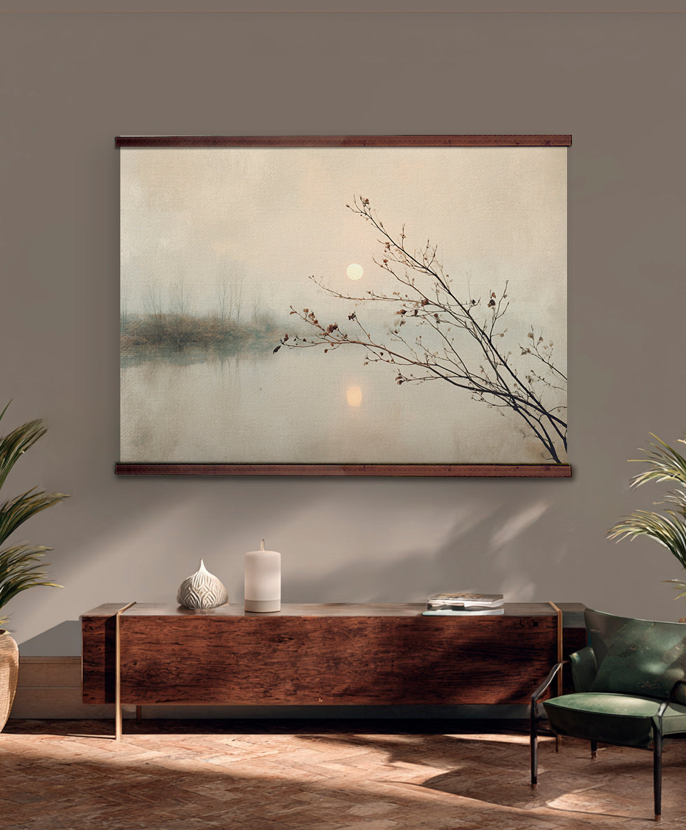 Minimalist Misty Lake Wall Art Canvas with Branches & Moon – Neutral Nature Landscape Artwork