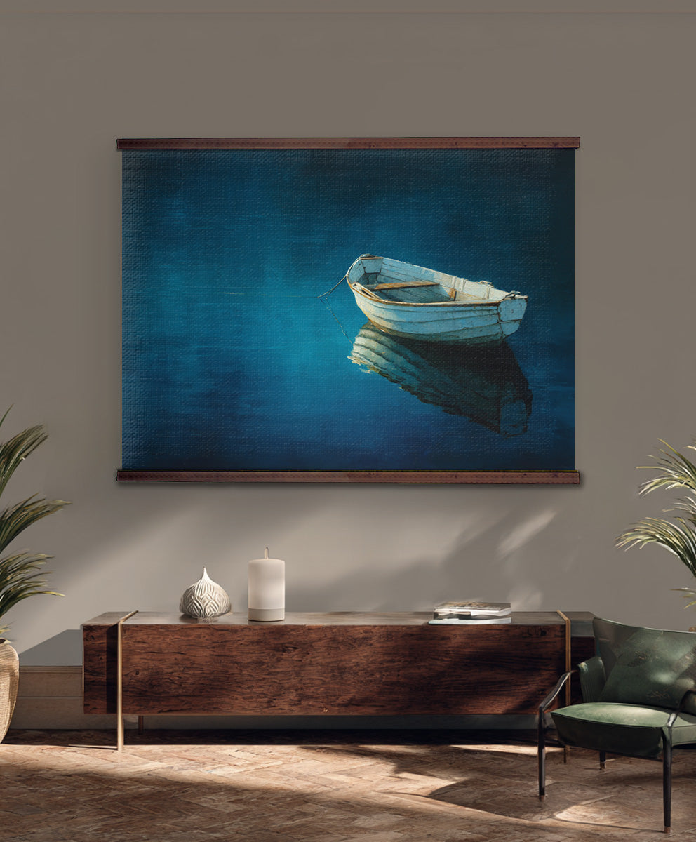 Blue Boat on Water Tapestry – Calm Coastal Wall Art, Minimal Nautical Décor
