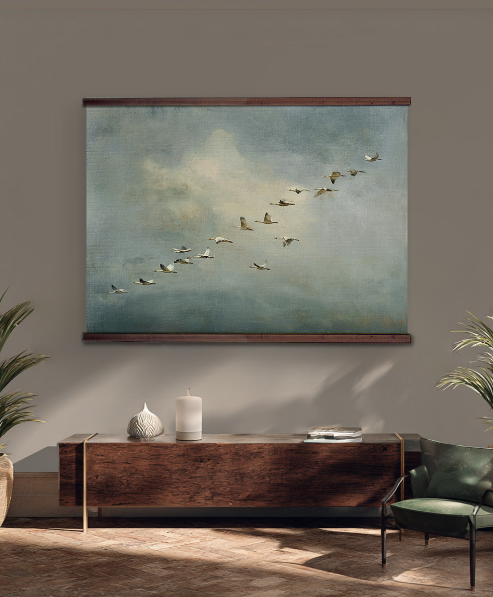 Flying Birds Wall Art – Serene Vintage Sky Landscape Painting in Soft Blue and Neutral Tones