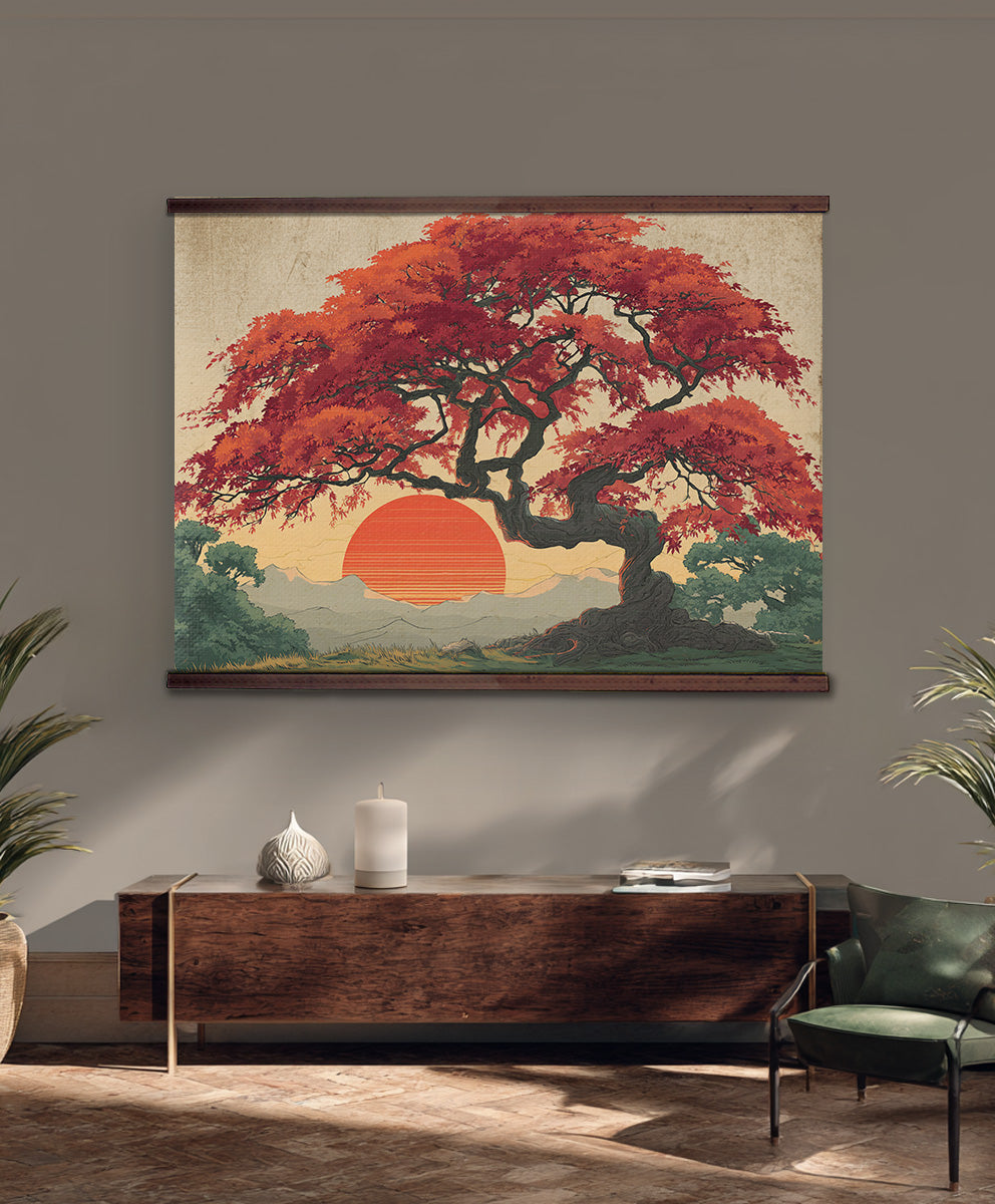 Red Maple Sunset Wall Hanging — Extra Large Japanese-Style Tapestry | Ready to Hang