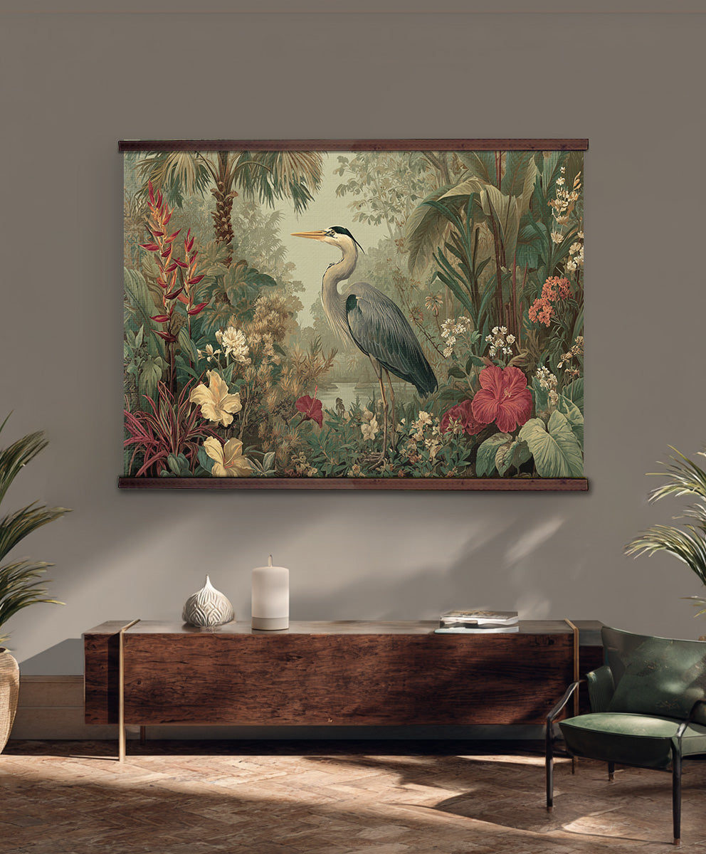 Tropical Heron Wall Hanging — Botanical Jungle Art Tapestry | Extra Large, Ready to Hang