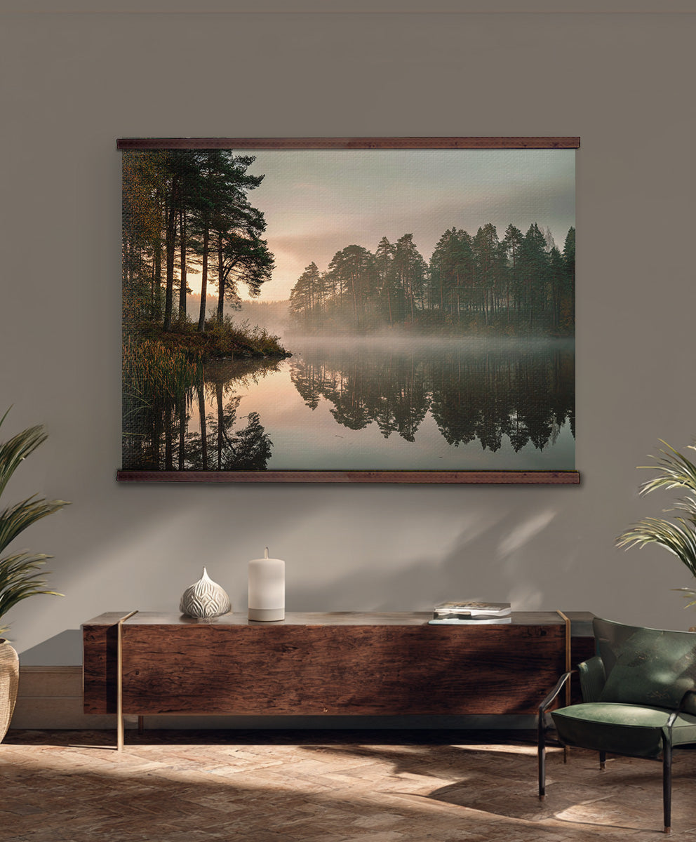 Misty Forest Lake Tapestry – Sunrise Landscape Wall Art, Moody Nature Reflection Hanging, Extra Large Décor