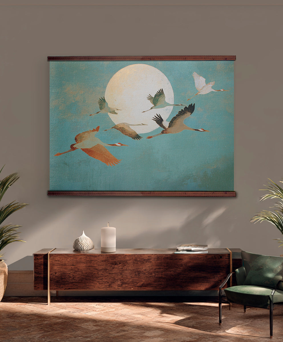 Flying Cranes Wall Art Canvas – Japanese Inspired Moon & Birds Nature Artwork