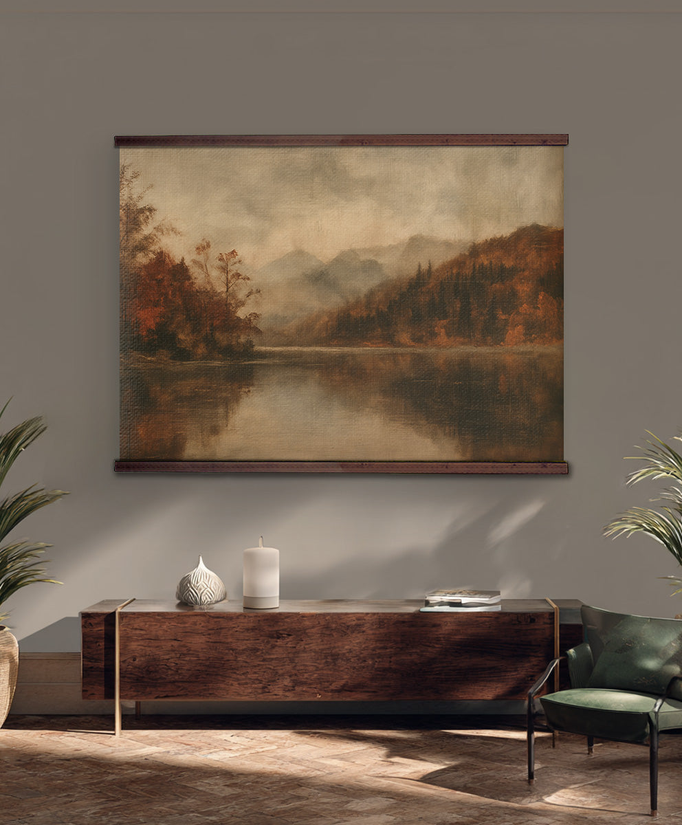 Autumn Lake Wall Hanging — Extra Large Moody Landscape Tapestry | Ready to Hang