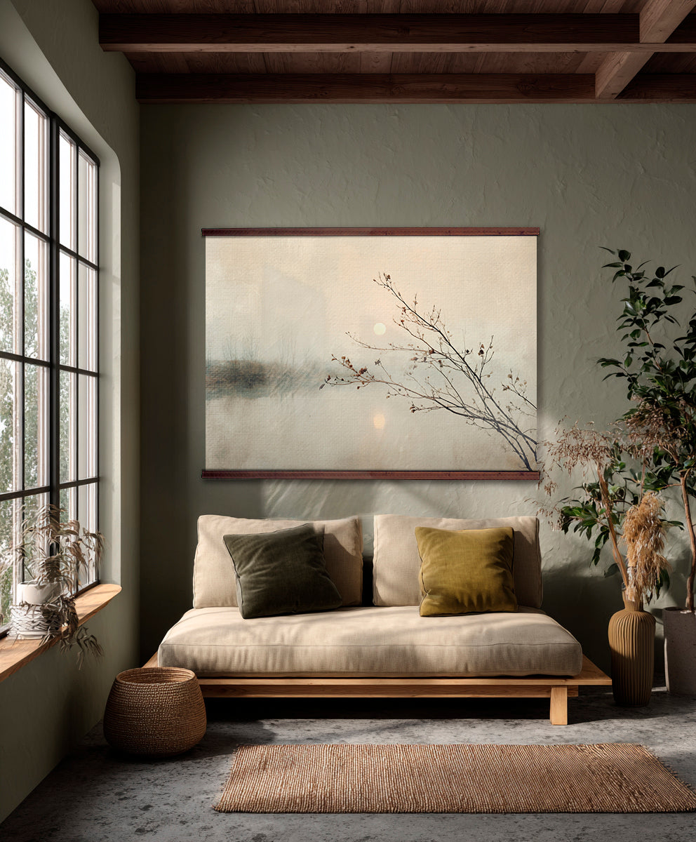 Minimalist Misty Lake Wall Art Canvas with Branches & Moon – Neutral Nature Landscape Artwork
