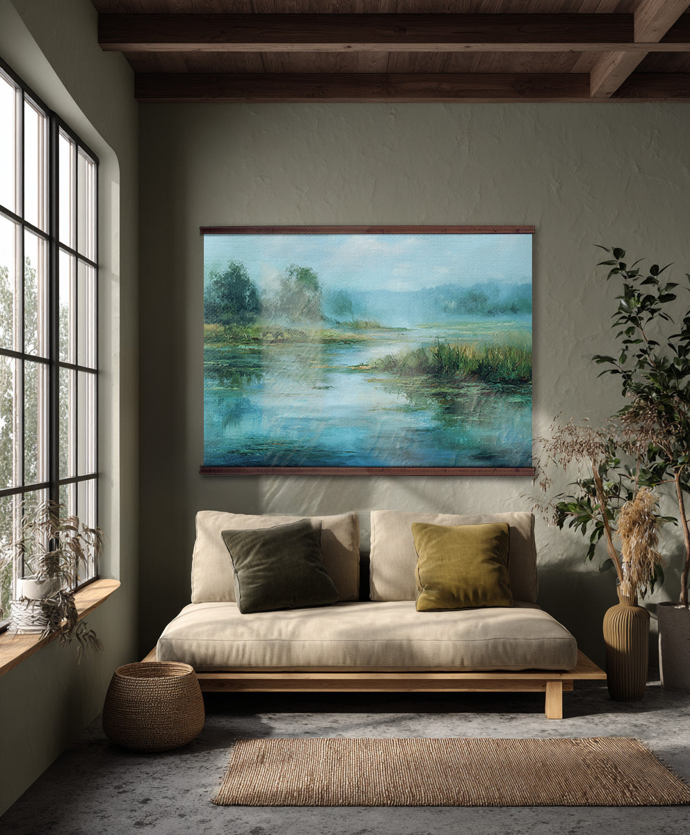 Lake Tapestry – Blue Landscape Wall Art, Nature Lake Scene, Calm Water Wall Hanging, Extra Large Art