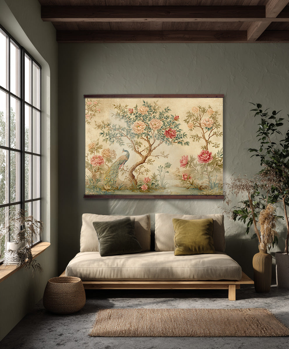 Chinoiserie Peacock Tapestry – Extra Large Vintage Floral Wall Art