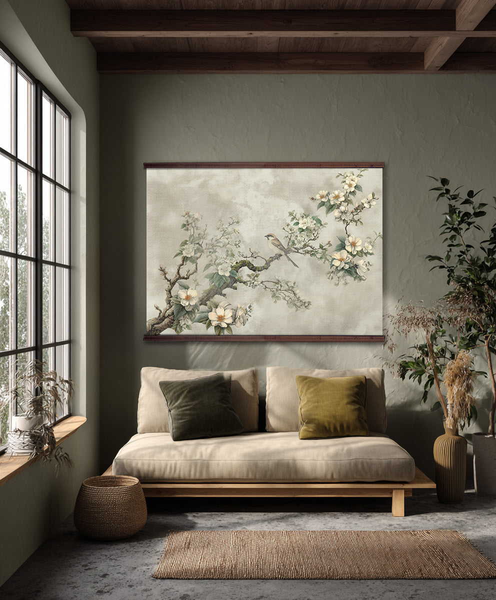 Vintage Floral Bird Wall Art – Elegant Botanical Chinoiserie Nature Painting with Wood Frame