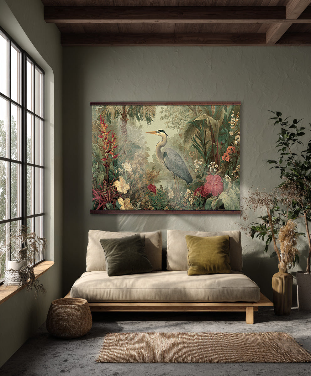 Tropical Heron Wall Hanging — Botanical Jungle Art Tapestry | Extra Large, Ready to Hang