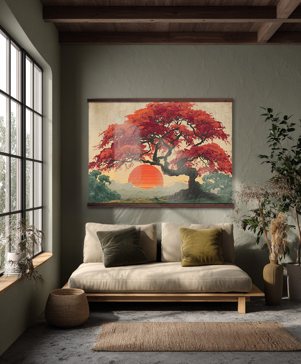 Red Maple Sunset Wall Hanging — Extra Large Japanese-Style Tapestry | Ready to Hang