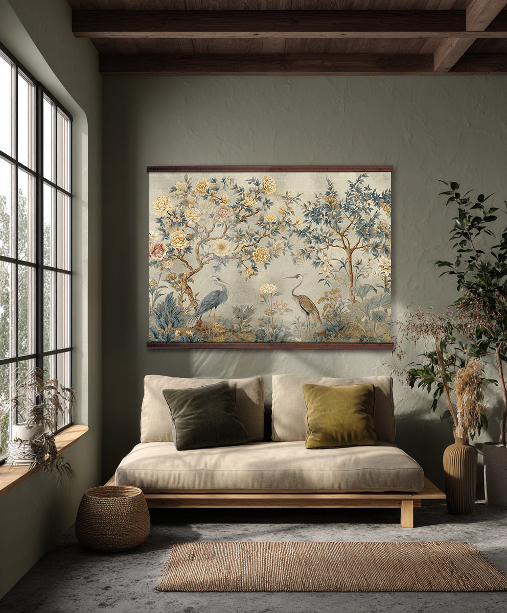 Chinoiserie Crane Wall Hanging — Extra Large Floral Tapestry | Ready to Hang