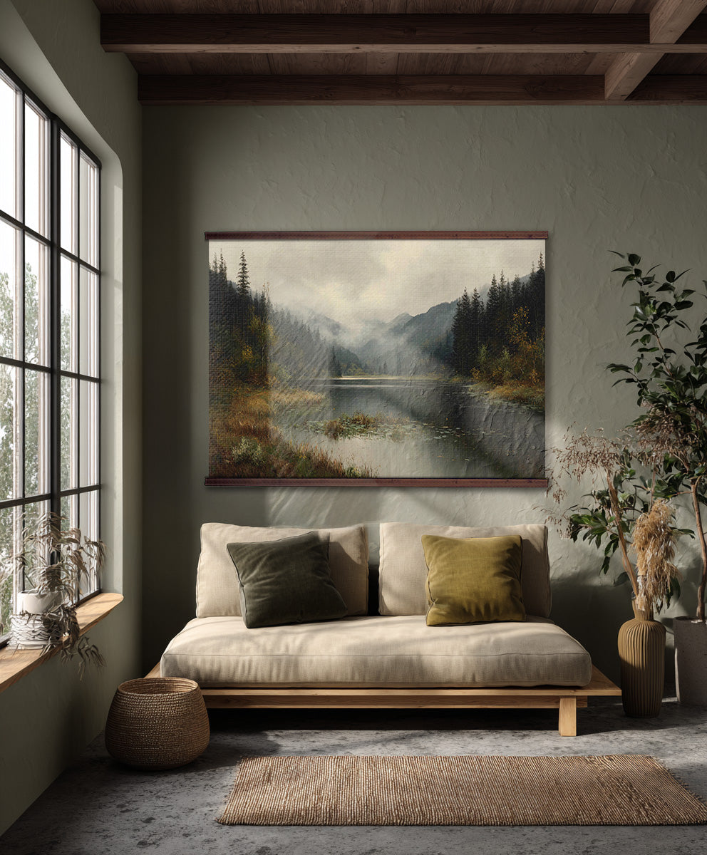 Misty Mountain Lake Wall Hanging — Extra Large Moody Landscape Tapestry | Ready to Hang