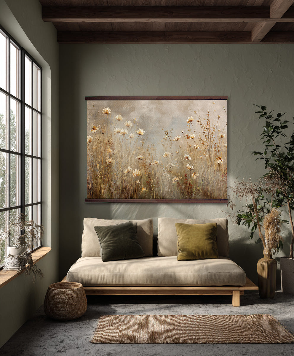 Wildflower Field Tapestry – Beige Floral Wall Art, Rustic Meadow Hanging, Oversized Wall Art
