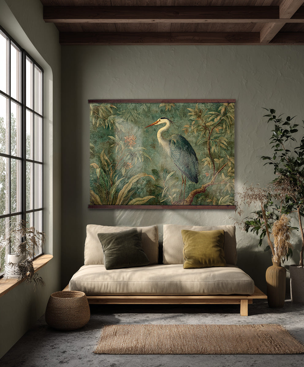 William Morris Style Bird Wall Tapestry – Vintage Botanical Heron Wall Hanging