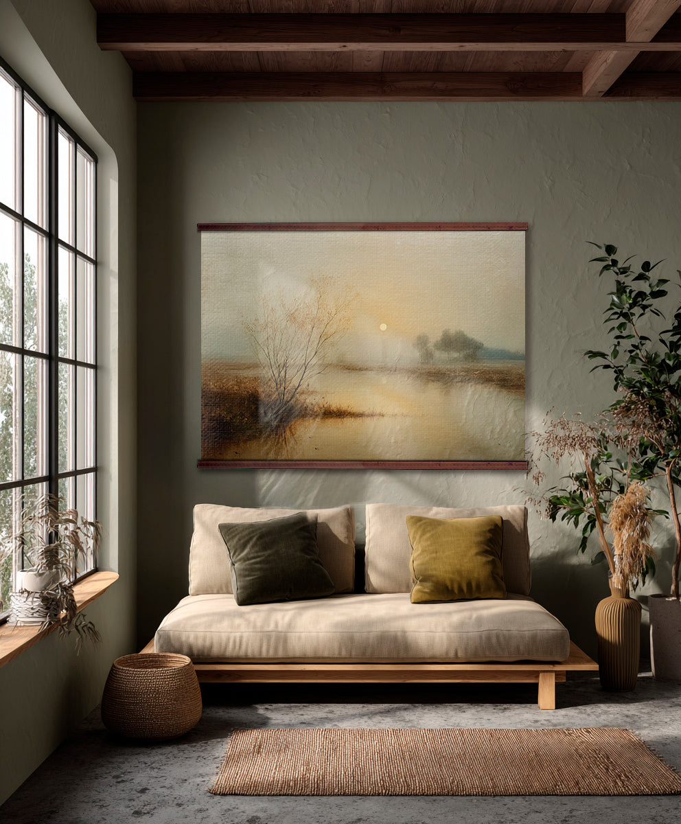 Misty Lake Sunrise Wall Art Canvas – Neutral Landscape with Trees & Water Reflection