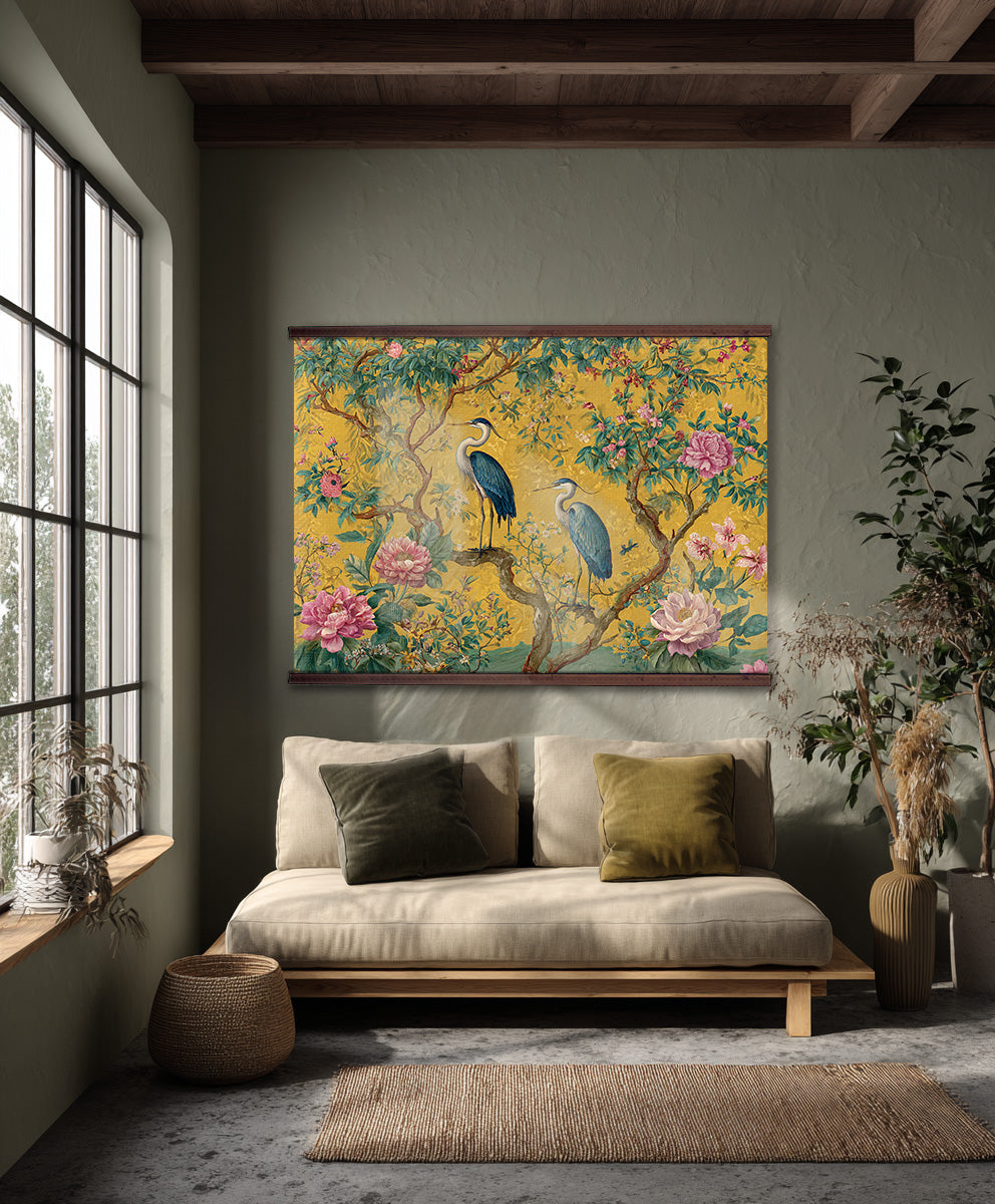 Chinoiserie Birds Canvas Tapestry – Extra Large Floral Statement Artwork
