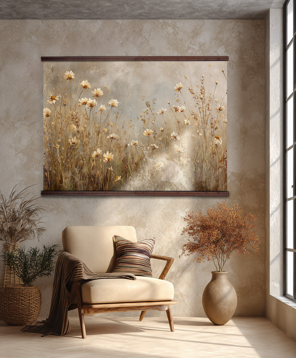 Wildflower Field Tapestry – Beige Floral Wall Art, Rustic Meadow Hanging, Oversized Wall Art