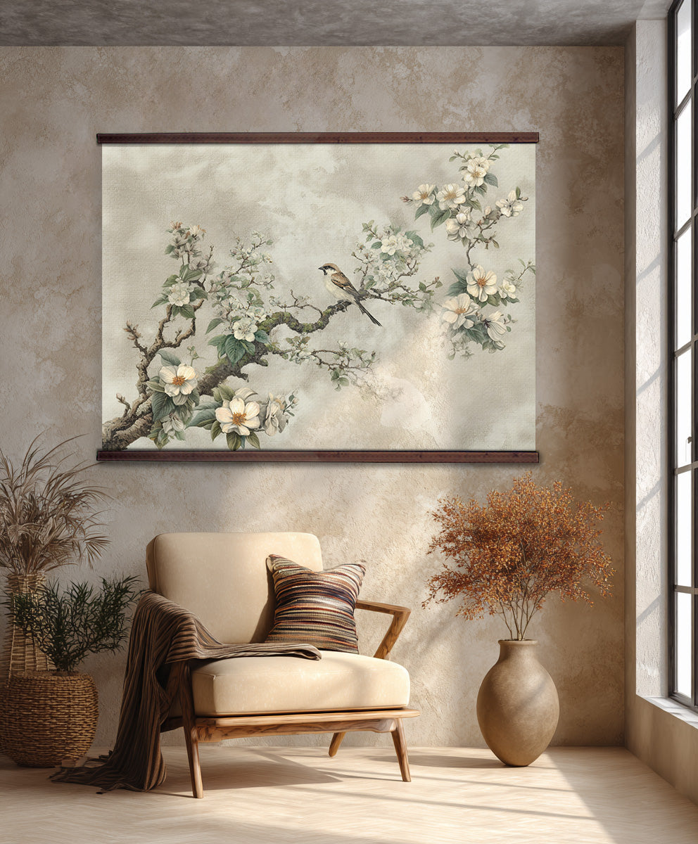 Vintage Floral Bird Wall Art – Elegant Botanical Chinoiserie Nature Painting with Wood Frame