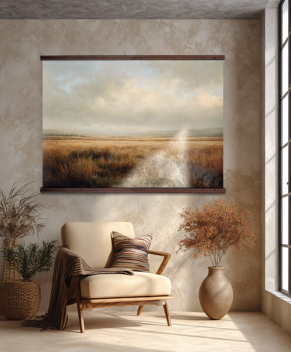 Golden Meadow Tapestry – Warm Landscape Wall Art, Rustic Field Wall Hanging, Neutral Nature Decor, Extra Large Art