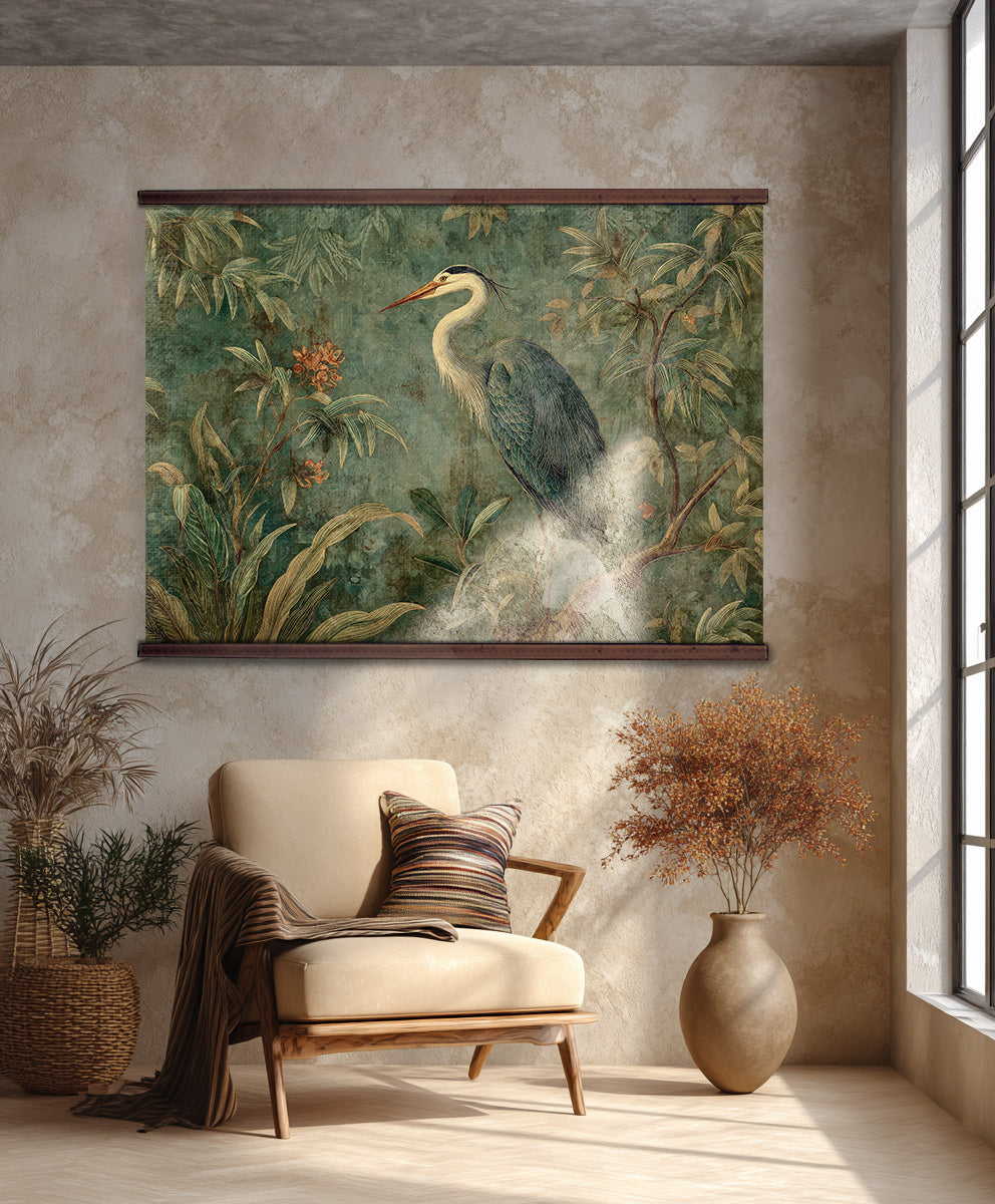 William Morris Style Bird Wall Tapestry – Vintage Botanical Heron Wall Hanging