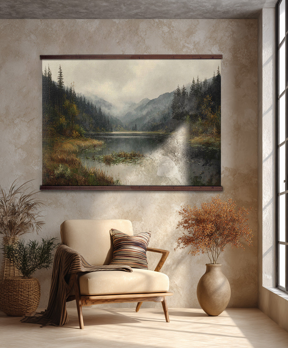 Misty Mountain Lake Wall Hanging — Extra Large Moody Landscape Tapestry | Ready to Hang