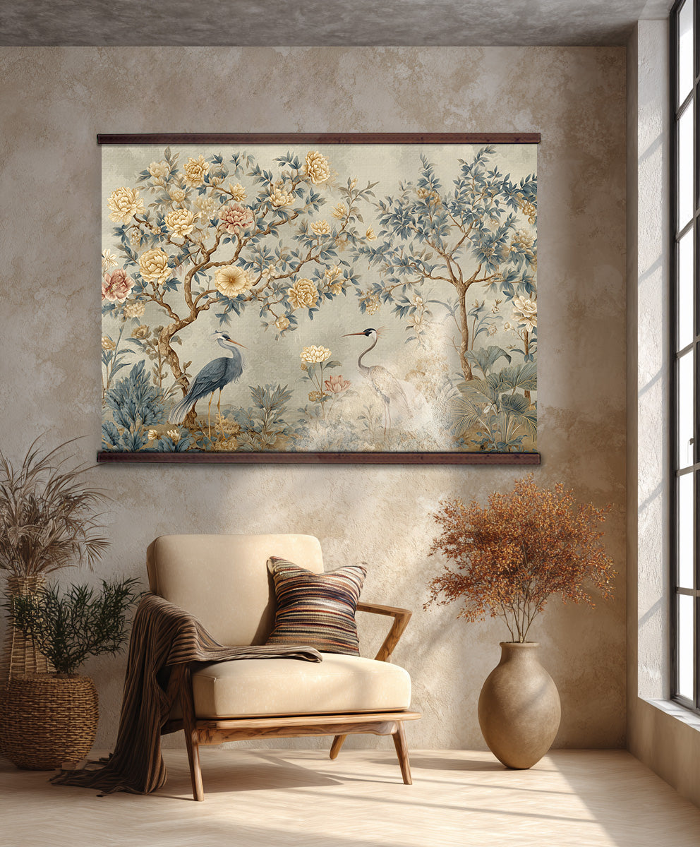 Chinoiserie Crane Wall Hanging — Extra Large Floral Tapestry | Ready to Hang