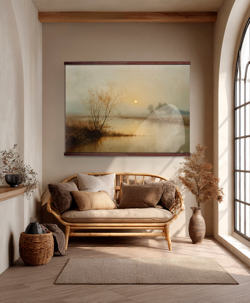 Misty Lake Sunrise Wall Art Canvas – Neutral Landscape with Trees & Water Reflection