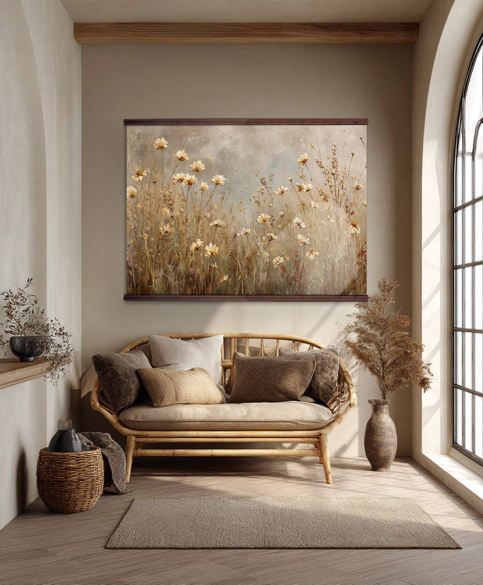 Wildflower Field Tapestry – Beige Floral Wall Art, Rustic Meadow Hanging, Oversized Wall Art