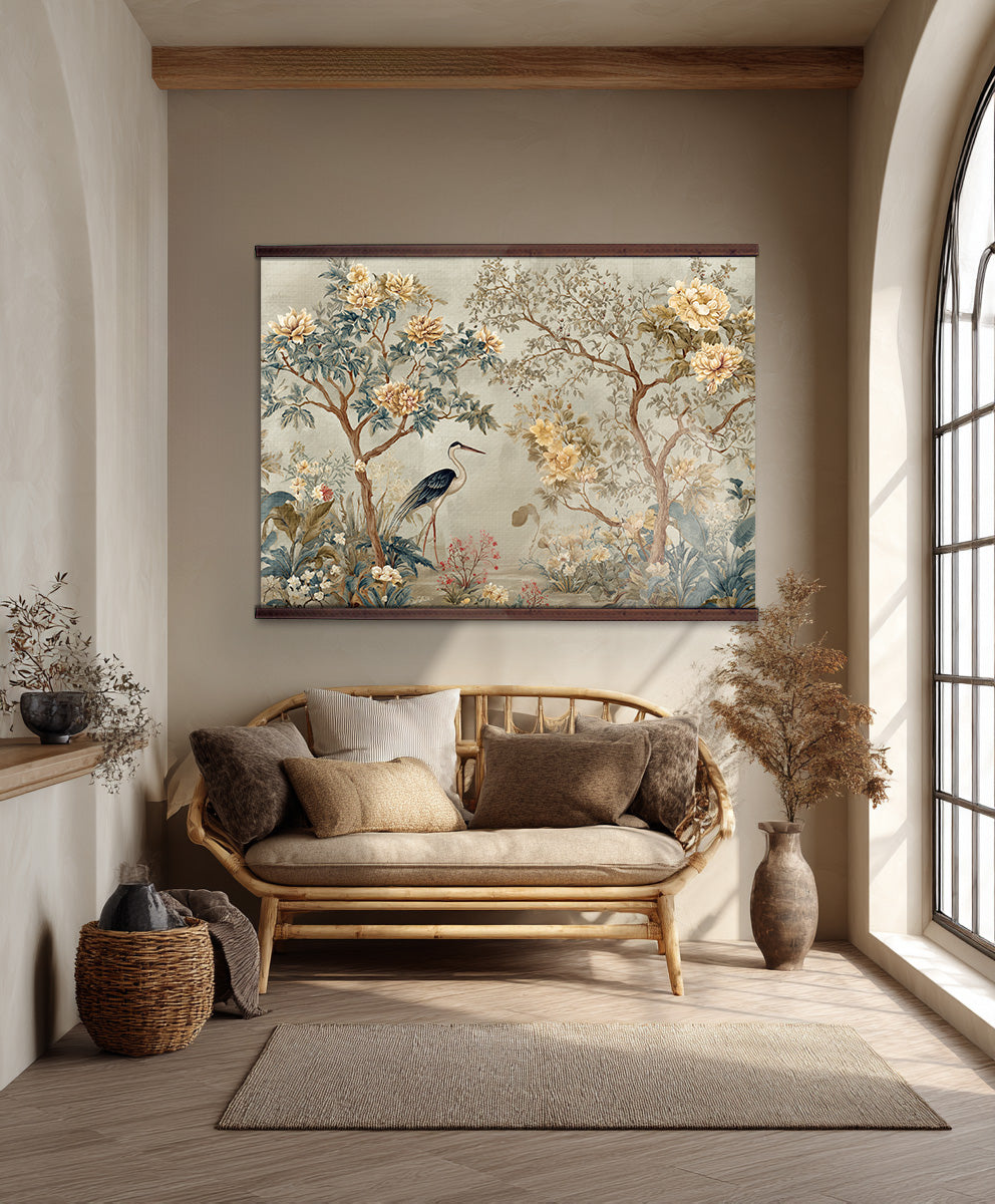 Vintage Heron Floral Tapestry – Chinoiserie Wall Art, Botanical Nature ...