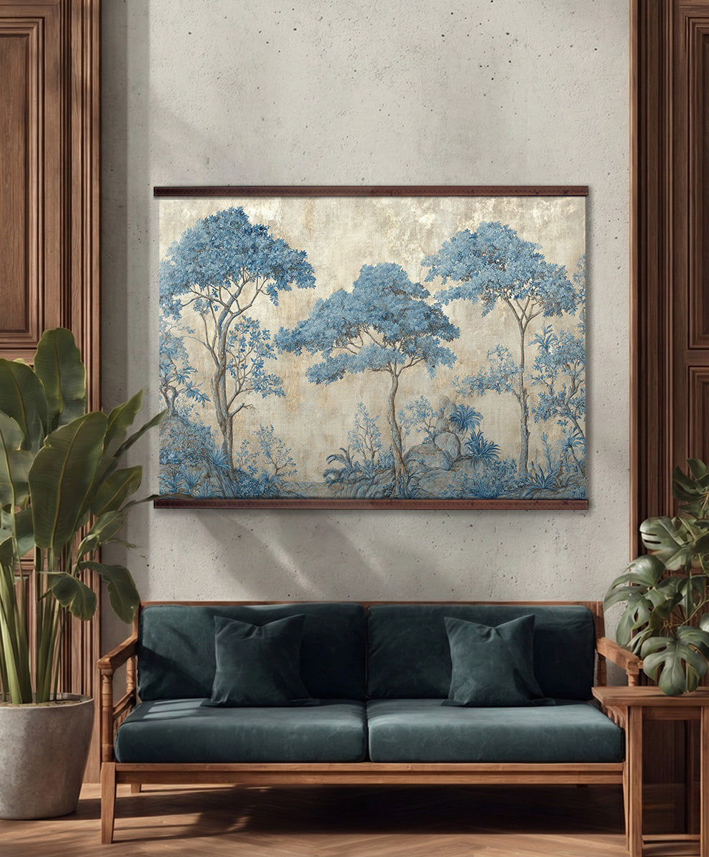 Blue Chinoiserie Forest Wall Art – Vintage Botanical Tapestry