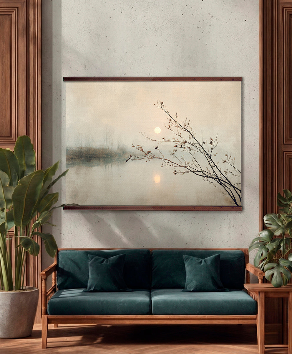 Minimalist Misty Lake Wall Art Canvas with Branches & Moon – Neutral Nature Landscape Artwork