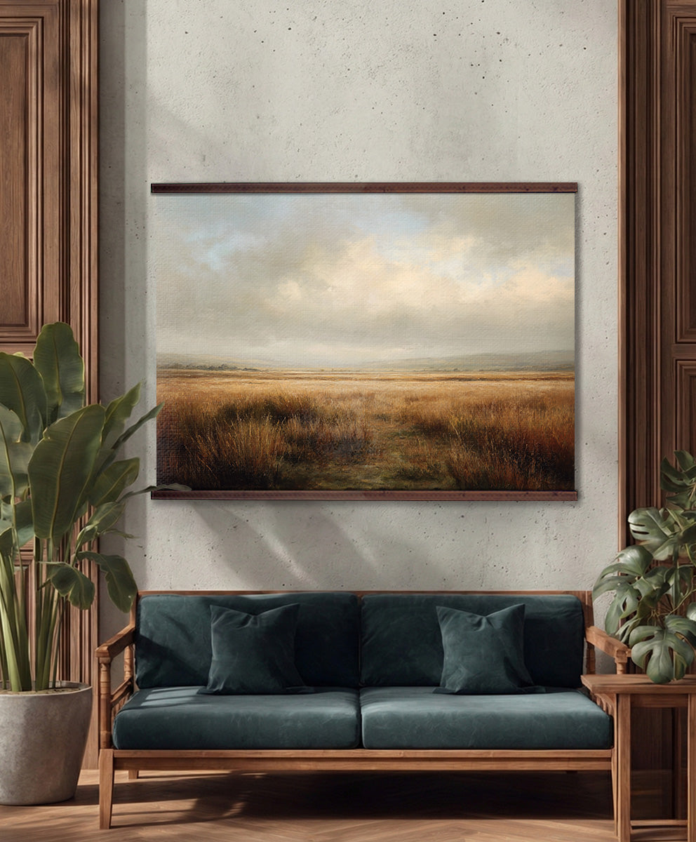 Golden Meadow Tapestry – Warm Landscape Wall Art, Rustic Field Wall Hanging, Neutral Nature Decor, Extra Large Art