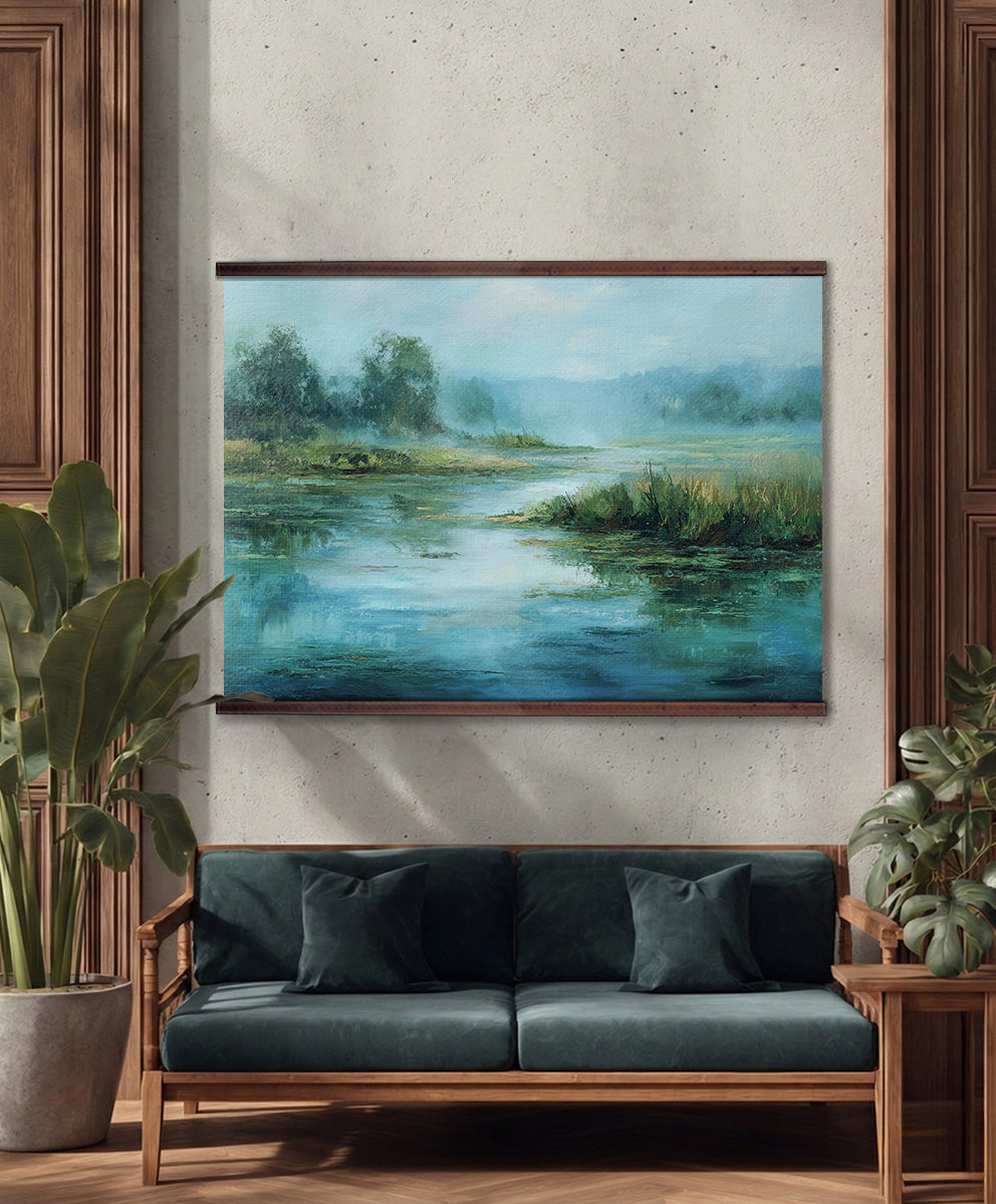 Lake Tapestry – Blue Landscape Wall Art, Nature Lake Scene, Calm Water Wall Hanging, Extra Large Art