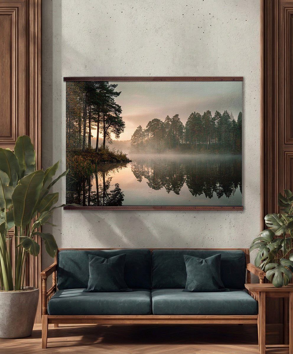 Misty Forest Lake Tapestry – Sunrise Landscape Wall Art, Moody Nature Reflection Hanging, Extra Large Décor
