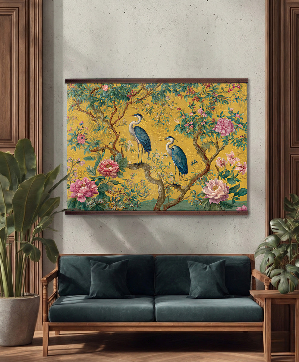 Chinoiserie Birds Canvas Tapestry – Extra Large Floral Statement Artwork