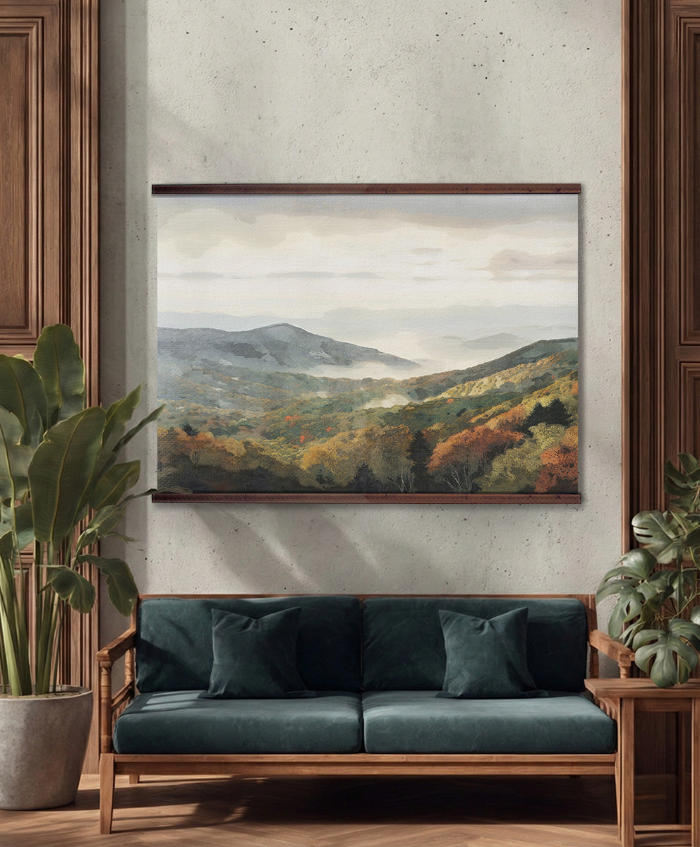 Blue Ridge Mountains Wall Hanging — Misty Landscape Tapestry Art | Extra Large, Ready to Hang