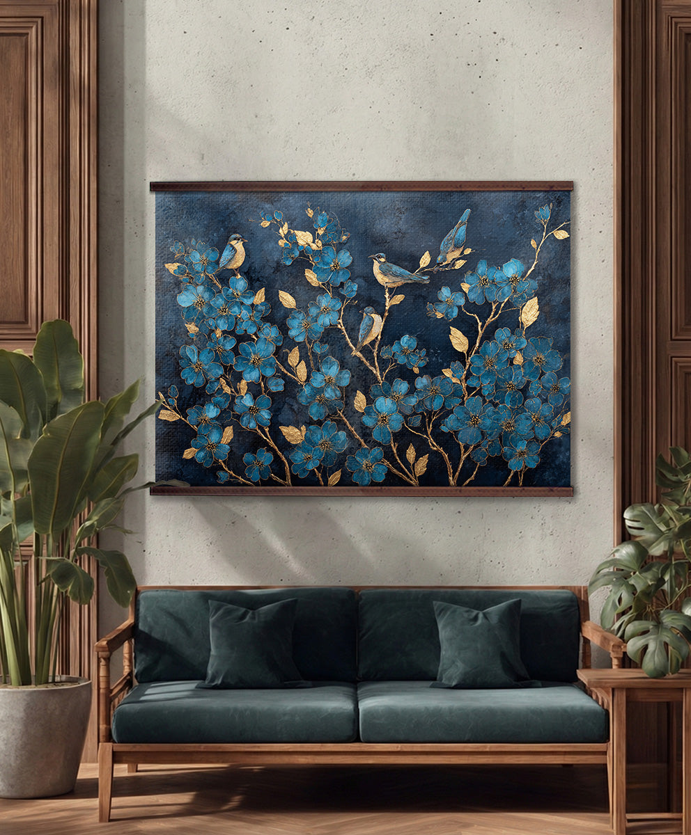 Blue Floral Bird Wall Hanging — Extra Large Tapestry Art | Ready to Hang