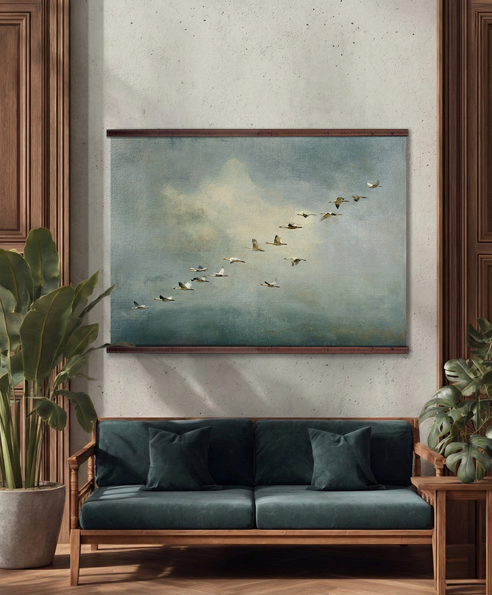 Flying Birds Wall Art – Serene Vintage Sky Landscape Painting in Soft Blue and Neutral Tones
