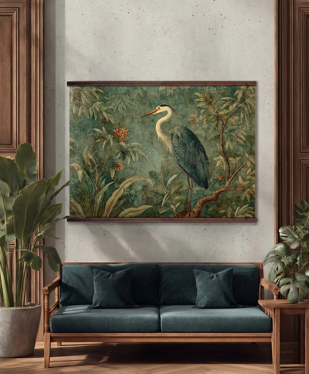 William Morris Style Bird Wall Tapestry – Vintage Botanical Heron Wall Hanging