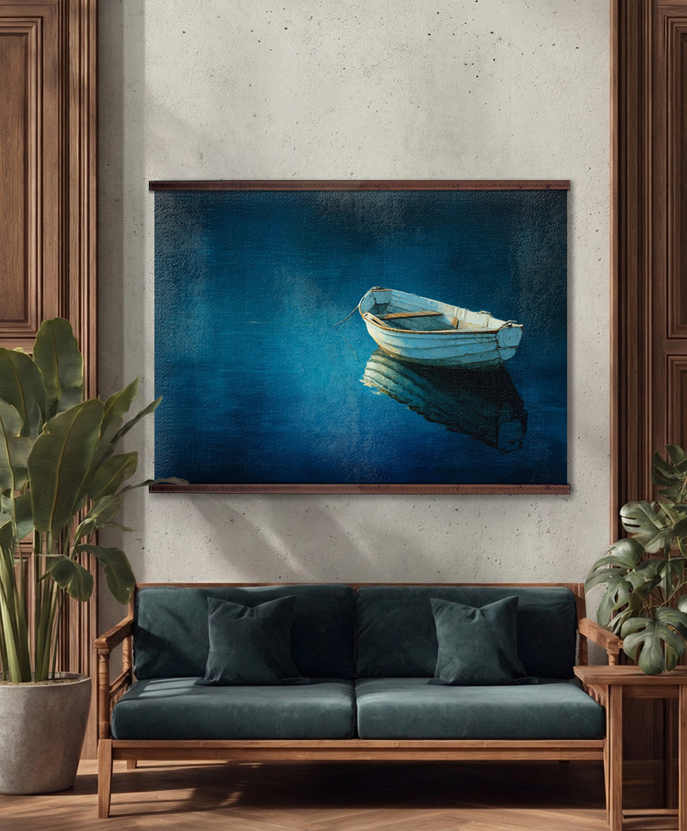 Blue Boat on Water Tapestry – Calm Coastal Wall Art, Minimal Nautical Décor